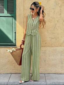 Frenchy Conjunto de 2 piezas de top sin mangas con botones a rayas y pantalones casuales para mujer - Verde - Ver 11