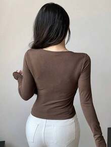 Camiseta de manga corta con bloques de color para mujer, Tops cortos para mujer, Tops lindos para mujer - Marrón - Ver 8