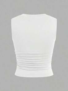 3 piezas Camiseta de tirantes con cuello de pico, cintura fruncida, estilo minimalista y casual, sexy, adecuada para uso en verano y en el aeropuerto - Blanco - Ver 12