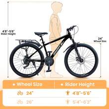 24 26 Inch Bike, Mountain Bike For Boys And Girls Over With 21-Speed Drivetrain, Suspension Fork, Dual Disc Brakes, Rear Rack, Internal Cable,Bicycles With Multiple Colors - Black - View 7