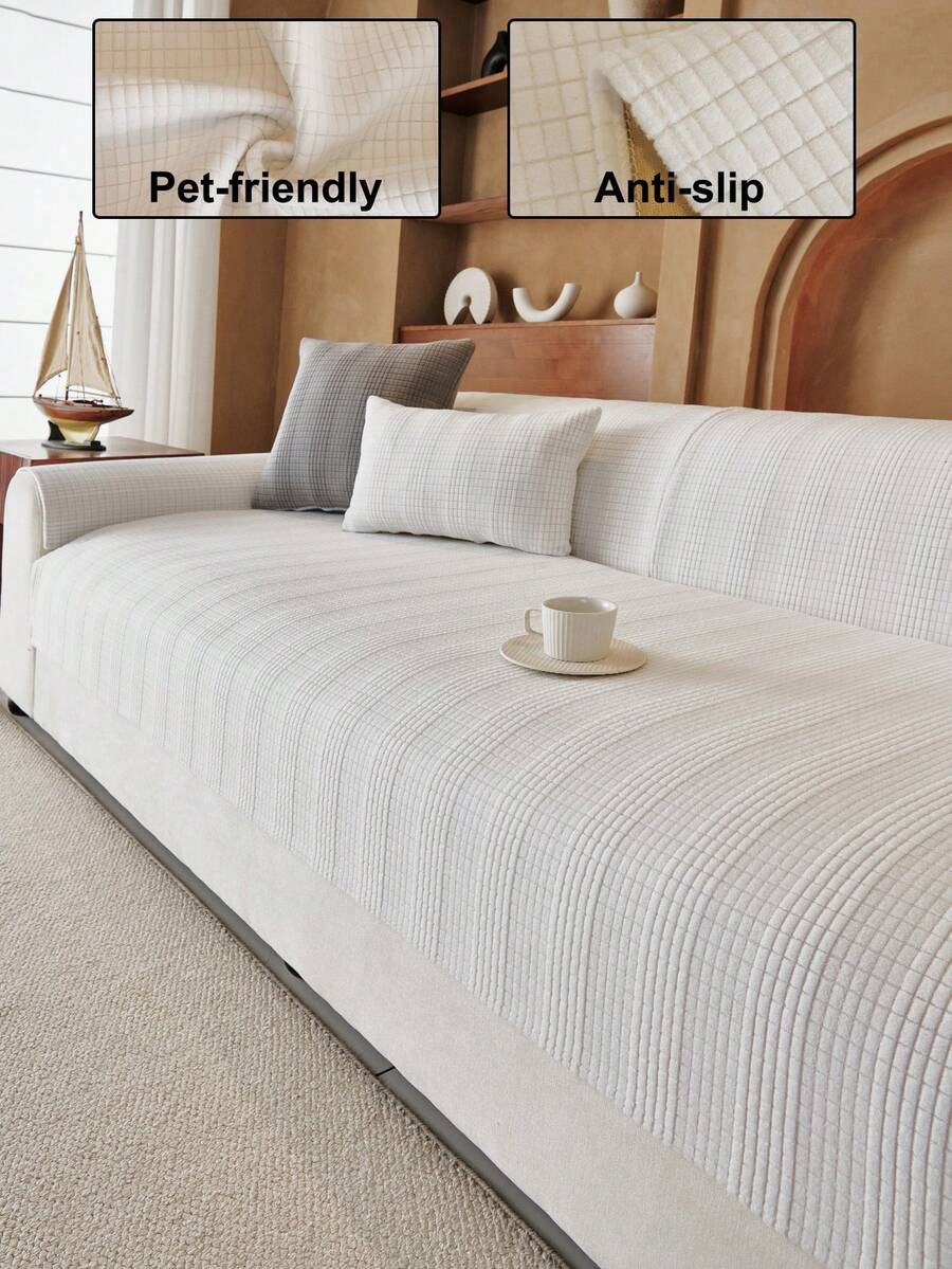 1pc Geometric Textured Solid Color Quilted Sofa Cushion, Minimalist Style, Non-Slip Back, Pet-Friendly, Soft Multi-Functional Anti-Dirt Anti-Dust, Holiday Decor Sofa Cover, Suitable For Backrest, Armrest, All Seasons - Beige - View 1