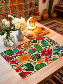 Tropical Flower Cactus Pattern Table Runner, Mexican Style, Modern Home Kitchen Decor, Table Runner Placemat Pillowcase Set, Suitable For Daily Home Kitchen Decoration, Daily Party Decoration. - Multicolor - View 5