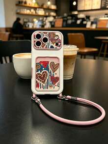 [Colorful Line Heart Print] Fresh Summer Breeze Card Holder Phone Case With Lanyard, Supports Card Insertion, Compatible With IPhone 11/12/13/14/15/16/17 Pro/Pro Max, Full Camera Protection Anti-Drop Case - Multicolor - View 3