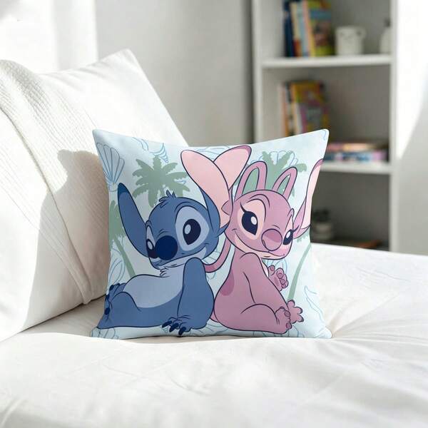 Vỏ gối Disney Lilo & Stitch, Vỏ gối trang trí Stitch & Angel nhiệt đới dễ thương, Vỏ gối vuông màu xanh nhạt mềm mại cho phòng ngủ trẻ em, ghế sofa, ghế dài