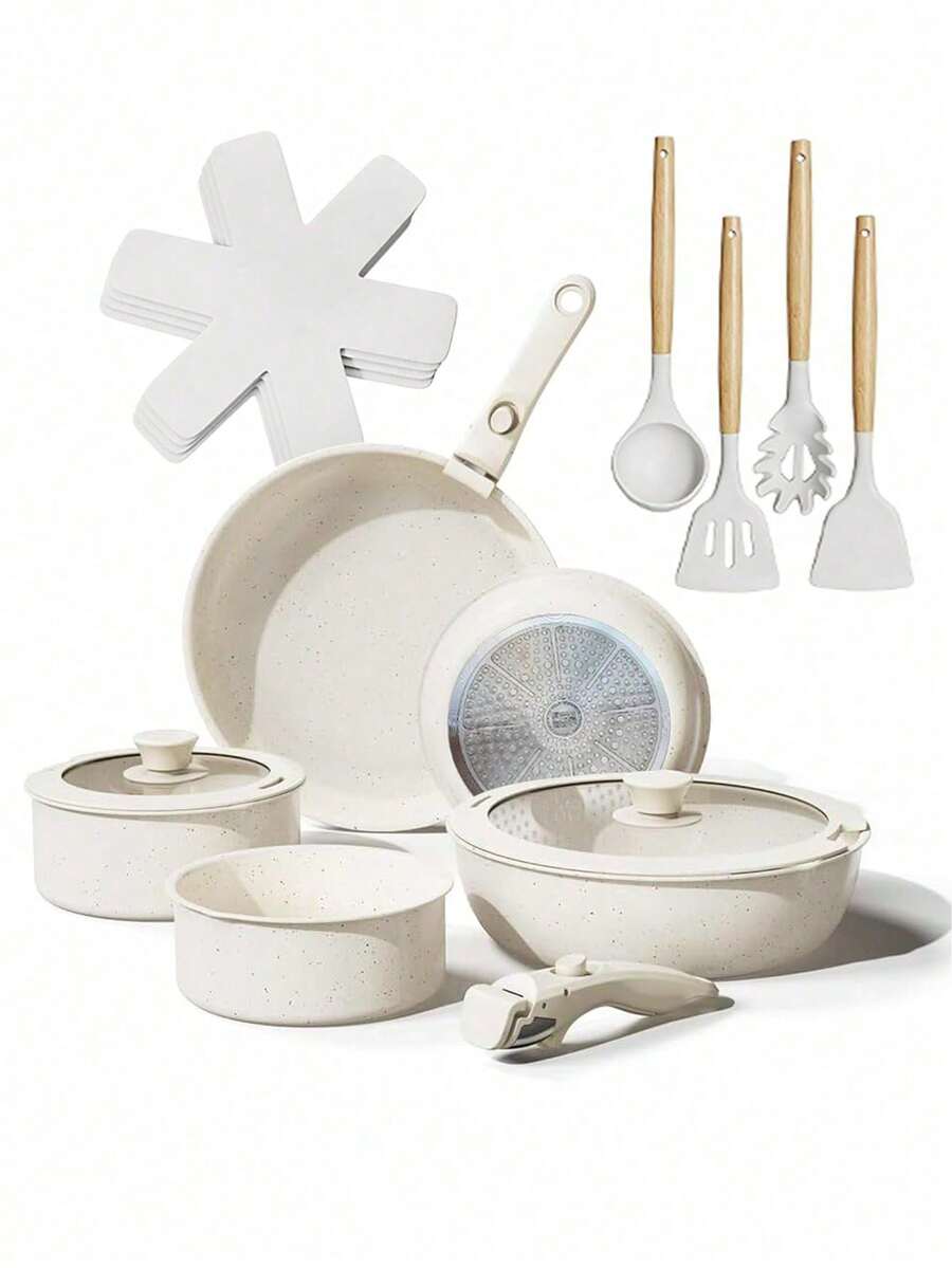 16‑Piece Ceramic‑Coated Cookware Set with Detachable Handles, Ready‑to‑Use Kitchen Cookware, Heat Resistant up to 480°F (About 250°C), Compatible with Induction Cooktops and Multiple Stovetops, Fast & Even Heat Distribution, Space‑Saving Design, Includes Frying Pans, Bowls, Kitchen Utensils, Lids and Pot Mats, Non‑Disposable Products - Übersicht 1