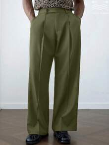 Men's Casual Loose Fit Straight Leg Wide Leg Pants With Pockets Zipper Button Design Long Pants Formal Occasion Comfortable Style Men's Suit Pants - Green - View 3