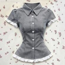 MewMuse.  Blusa de manga corta con cuello de encaje a contraste, de estilo casual/laboral/fiesta/vacaciones, en cuadros azules, para mujer. Camisa a cuadros con volantes, ropa retro para mujer, camisa casual de negocios. Camisa de botones a rayas blanca y negra, camisa de trabajo para mujer. Blusas y tops para mujer, ropa de trabajo. Camisa de manga abullonada, blusa de trabajo. Blusa de vestir formal, camisas de verano elegantes y clásicas con rayas para mujer. - Celeste - Ver 2