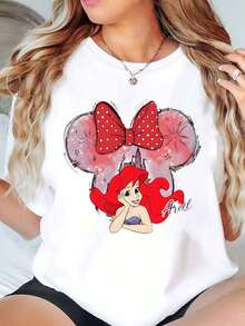 Camiseta de mujer con estampado de orejas de Minnie Mouse de la Princesa Ariel, cuello redondo, manga corta, uso diario casual de verano, suave y cómoda de 220g - Blanco - Ver 1