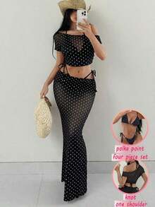 Bonvoyette Conjunto de 4 piezas para vacaciones de mujer: Top de bikini con estampado de cuello halter, Bottom de traje de baño, falda larga tipo sarong y cubre-todo - Negro - Ver 1