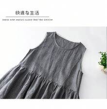 Vestido de Lino y Aodón de Marca Japonesa de Alta Gama, con an Volante, Sin Mangas, Falda a Cuadros, Estilo Retro de Vera... - Cuadros azul marino (poca cantidad en stock) - Ver 3