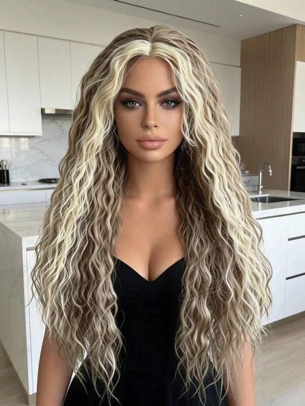 Deep Wave Skunk Stripe Lace Front Wig Long Grey Curly Synthetic Lace Front Wig 13x4 Hd Lace Frontal Wig Highlight White Lace Front Synthetic Wig Grey Glueless Lace Wig For Women Daily Wear Holiday Party Use