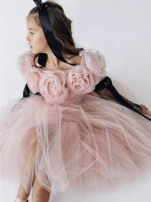 少女3D立体花卉装饰薄纱露肩派对礼服，适合重要场合、节日、生日派对 - 粉色 - 查看 1