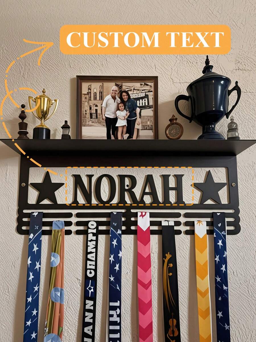 1pc Customized Metal Medal & Trophy Display Rack - Personalized Star Design With Name Logo, Easy To Install Home Wall Decor, 12 Hooks & Medal Shelf For Personal Honor Medals - Father's Day, Independence Day, Thanksgiving Gift, Unique Gift, Medal Hanger - Black - View 1
