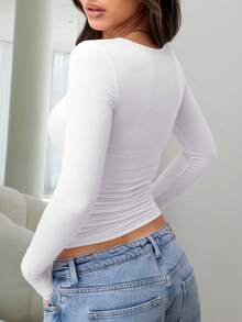 Elegant Versatile Women's Solid Color Round Neck Long Sleeve Ruched Fitted Tight T-Shirt, Suitable For Summer And Autumn/Winter Wear Casual - White - View 5