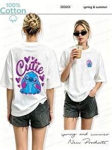 Disney Authorized "Lilo & Stitch" Shi Diqi Pattern Ladies Round Neck 100% Cotton T-Shirt-Light Summer Casual Short Sleeves, Convenient Machine Washing, Everyday Versatile Tops, Fashionable Wear Design, Breathable Fabrics, A Must For Pop Culture Fans. - màu đen - Xem 6