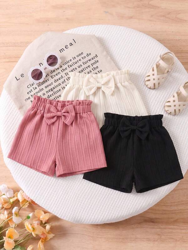 3pcs Baby Girls' Casual Solid Color Bow Shorts Set, Summer
