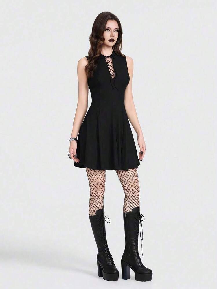 bfdbBreakform Vestido mini ajustado de mujer con escote profundo en V, de punto acanalado y cordones, de estilo gótico y sexysfb x QIDV - Negro - Añade 7