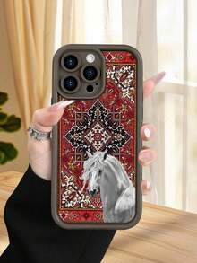 1 Piece Phone Case With A White Horse Design On An Ornamental Carpet Background In Red And Gold Tones, Classic And Elegant Style Ideal For Lovers Of Traditional Art And Sophistication, Soft TPU, Full Impact And Anti-Slip Protection, Compatible With IPhone 17 ProMax/16/15/14/13/12/11/Plus/Pro/ProMax, Compatible With Galaxy A34/A35/A54/A55, Galaxy S20/S21/S22/S23/S24/S25 Ultra/Plus, Compatible With Galaxy//Honor// - 棕色 - 查看 7