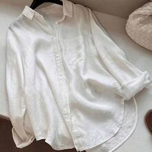 Fashion Women's Clothing Camisa blanca casual de mujer con botones delanteros y bajo curvo para primavera - Azul - Ver 2