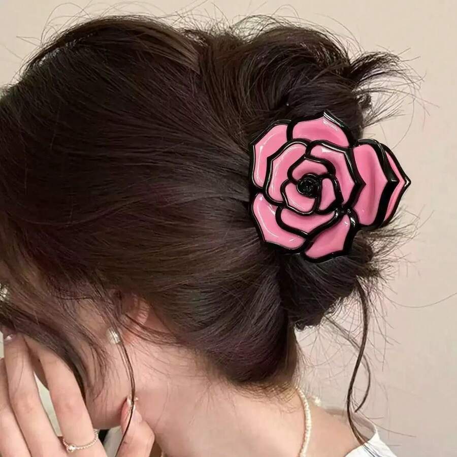 1pc/6PCS Cross-Border New Creative Vintage Rose Flower Claw Clip Fashion Versatile 3D French Bun Hair Claw - Rose Pink - View 1