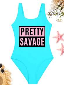 Pretty Saxage Pink Text One Piece Tankini Swimsuit For Woman Tummy Control Shaping Swimsuit, Large Round Neck, Full Coverage Swimsuit Elegant Summer Outfits For Girls Pool Essentials Cruise Outfit For Women Swimwear - Xanh da trời - Xem 4