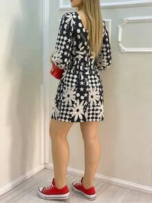 Vestido de longitud hasta la rodilla de tela tejida con estampado de flores y geométrico, adecuado para uso diario casual en verano, vacaciones, primavera, elegante - Negro - Ver 2