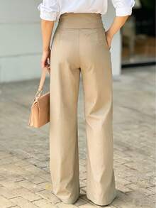 Women's Solid Color Waist Ring Connected Straight Leg Casual Pants - Light Khaki - View 6