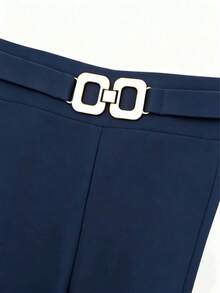 Black Pear-Shaped High Waist Buckle Design Slimming Casual Straight Leg Pants - Navy Blue - View 4