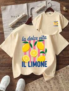 Teenager Mädchen - "La Dolce Vita" Zitronen-Muster T-Shirt, weiches und bequemes Material, geeignet für Mädchenreisen, Urlaub, Outdoor-Sport, tägliches Tragen, die beste Wahl für lässige Reisen! Und modisches Mädchen Frühling/Sommer lässiges vielseitiges Top - Aprikosenfarben - Übersicht 4