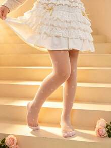 1pc Girls Classic White Tights, Cute Sweet Heart Pattern Opaque Pantyhose, Snag-Resistant Stockings Suitable For Daily Wear, Back To School Season, Wedding Season - White - View 2