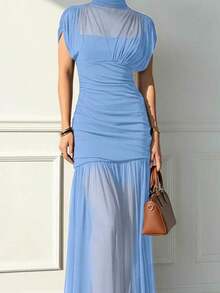 Vestido elegante y sexy de unicolor con volantes de malla, dobladillo plisado, adecuado para la playa, citas nocturnas, bodas, fiestas de cumpleaños, primavera/verano - Celeste - Ver 4