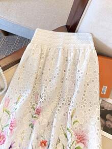 High-Waisted Elastic Skirt With Embroidered Lace And Water-Soluble Print - 白色的 - 查看 6