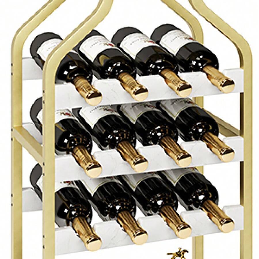 Rustic Freestanding Metal Wine Rack Table – Multi-Functional Bottle & Glass Holder Stand With Wood Countertop, Storage Shelves – Perfect For Home, Kitchen, Dining, Living Room – Compact Design - Gold - View 1