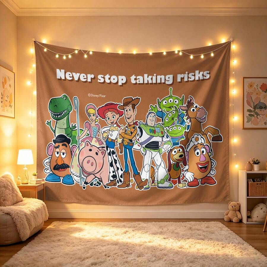 Disney Toy Story Tapestry With Full Character Squad And "Never Stop Taking Risks" Quote Print No-Hole Backdrop, Perfect For Parties, Camping, Home Decor, Scene Setup And Gathering Displays - 0 - View 1