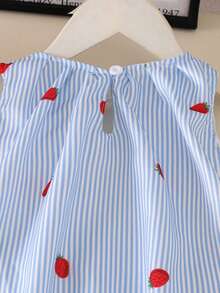 2pcs/Set Toddler Girls' Summer Outfit - Blue & White Striped, Strawberry Print, Bow Decor Sleeveless Top And Shorts, Suitable For Vacation, Casual Outings, Sister Matching, Family Events, School Wear - Baby Blue - View 6