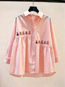 Camisa de mujer de manga larga versátil de unicolor con bordado, para primavera - Rojo del Oeste - Ver 3