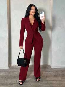 Set de 3 piezas: Blazer de manga larga azul profundo, chaleco y pantalones, conjunto sexy para ir al trabajo y citas, otoño/invierno, negocios, retro, fiesta, resort, salida, dinero viejo, sirena coqueta, baile de graduación, baile, San Valentín, ropa de crucero, ir al trabajo, con capas ricas, noche de cita, reunión, minimalismo, cumpleaños, evento formal, descanso, modesto, elegante, casual, compras, ropa de calle, salir, otoño - Burdeos - Ver 4