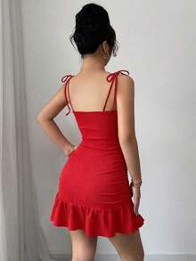 Nuevo vestido elegante y con tirantes de espagueti, tejido de parche y malla, perfecto para citas y fiestas - Rojo - Ver 2