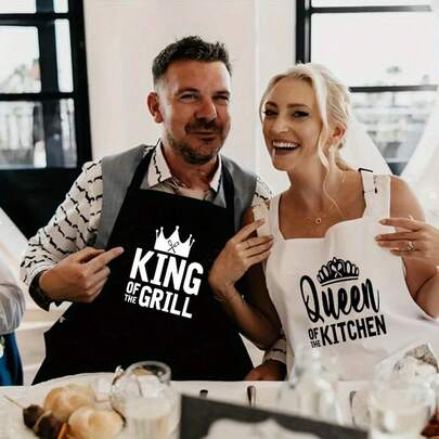 2pcs "King Of The Girl/Queen Of The Kitchen" Creative Home Aprons, Couple Decorative Household Aprons