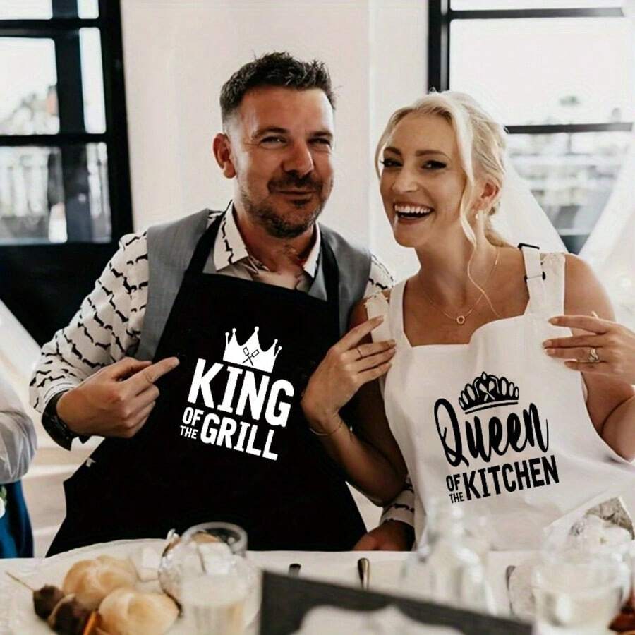 2pcs "King Of The Girl/Queen Of The Kitchen" Creative Home Aprons, Couple Decorative Household Aprons - 2 Pieces - View 1