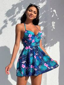 WaveBikini Navy Tropical Floral Halter Swim Dress, Underwire Ruched A-Line Skirt Swimsuit For Women - Multicolor - View 1