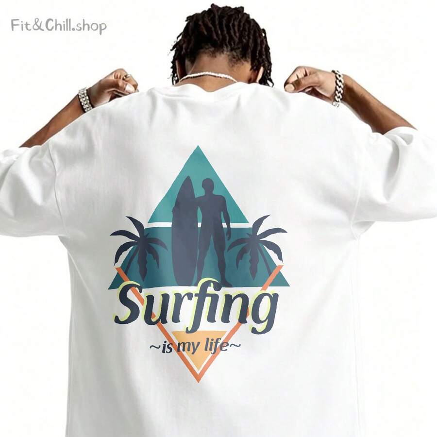 Men's T-Shirt Surfing Silhouette Palm Trees Ocean Wave Comfortable And Versatile Outdoor Casual Short Sleeve - White - View 1