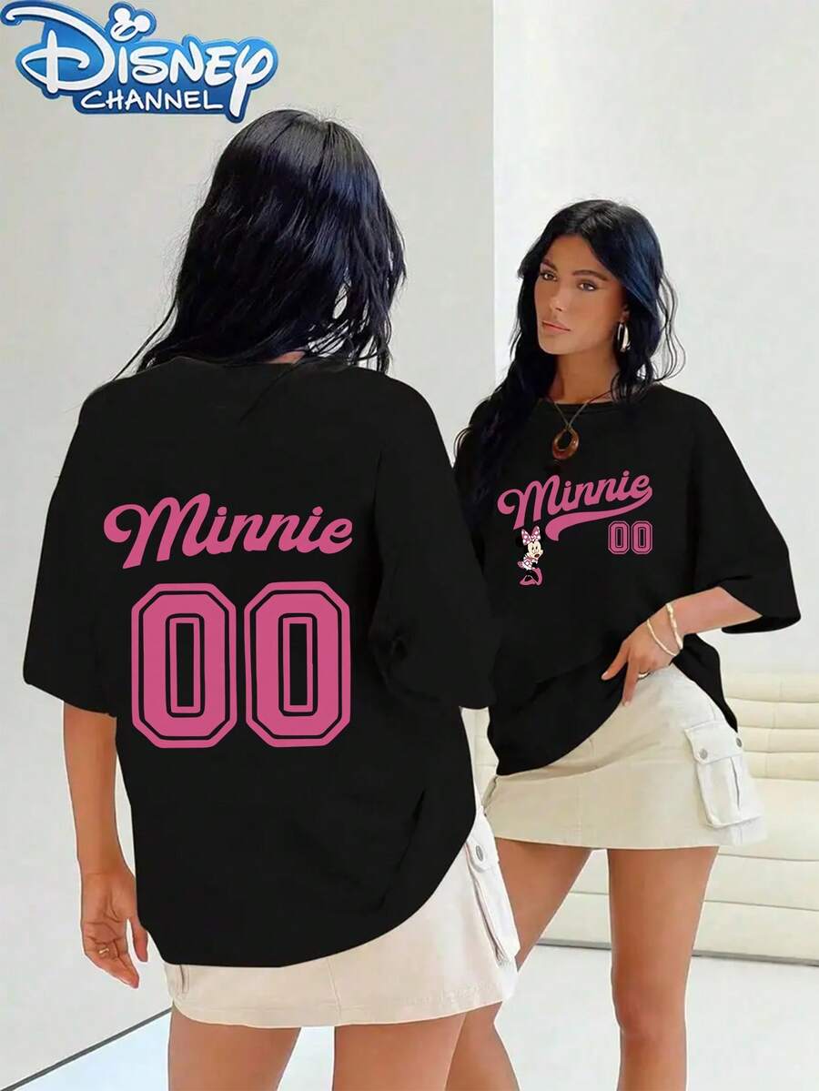 Disney Licensed Women's T-Shirt With Minnie Mouse Print On Front And Back, Round Neck, Casual And Comfortable Short Sleeve Tee, Breathable And Lightweight, Suitable For Sports And Casual Wear, Regular Fit, Ideal For Gifts, Travel And Party Wear, Summer Women's Clothing - màu đen - Xem 1