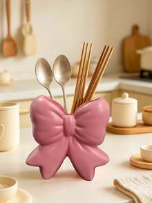 Pink Bow Resin Cutlery Storage Box, 3D Playful Bow Cooking Utensil Jar, Household Kitchen Countertop Storage Organizer - Multicolor - View 9