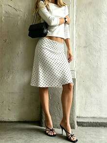 French Polka Dot A-Line Skirt, High Waist Slimming White Dotted Skirt, Casual Draping Skirt For Summer, French Retro Commuter Casual Skirt, French Girl Style - White - View 5