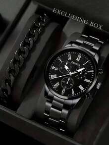 2pcs/Set, Simple, Fashionable, Casual, Business Three Eye Scale Men's Quartz Watch, Black Alloy Bracelet, Suitable For Daily Decoration, Holiday Parties, Business And Other Occasions To Wear, Or As A Holiday Gift For Boyfriends, A Gift For Boyfriends - Multicolor - View 1