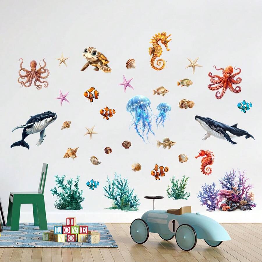 海洋水下生物裝飾貼紙,包含鯨魚、海龜、章魚、水母、海馬、小丑魚、貝殼、珊瑚及其他圖案。這些可移除的 PVC 牆貼非常適合裝飾兒童浴室、育嬰室、幼兒園教室、客廳和臥室。 - 均碼 - 查看 1