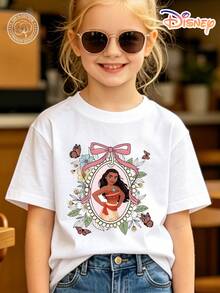 Officially Licensed Disney Moana Kids T-Shirt, 100% Cotton Floral Frame & Pink Bow Graphic Tee With Butterflies, Unisex For Boys & Girls Ages 4-14, Soft Breathable Fade-Resistant Fabric, Ideal For Theme Park, School & Daily Casual Wear, Perfect For Vacation, Birthdays & Children's Day Gifts - trắng - Xem 1
