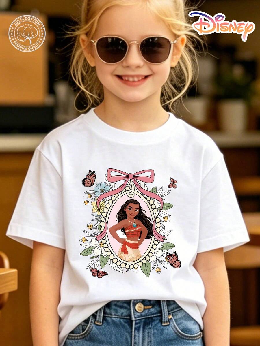 Officially Licensed Disney Moana Kids T-Shirt, 100% Cotton Floral Frame & Pink Bow Graphic Tee With Butterflies, Unisex For Boys & Girls Ages 4-14, Soft Breathable Fade-Resistant Fabric, Ideal For Theme Park, School & Daily Casual Wear, Perfect For Vacation, Birthdays & Children's Day Gifts - trắng - Xem 1