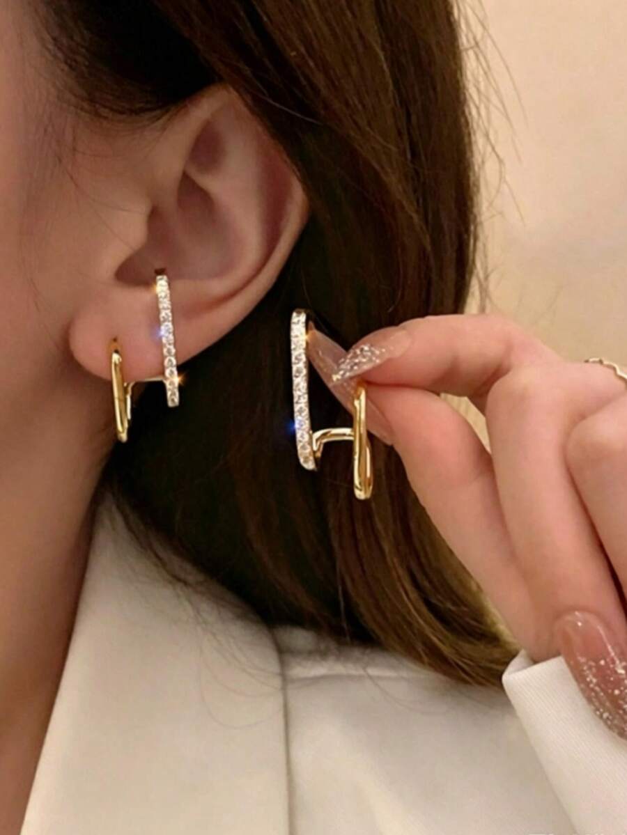 1 Pair Fashion Geometric Double Row Vertical Diamond Stud Earrings For Women, - Gold - View 1